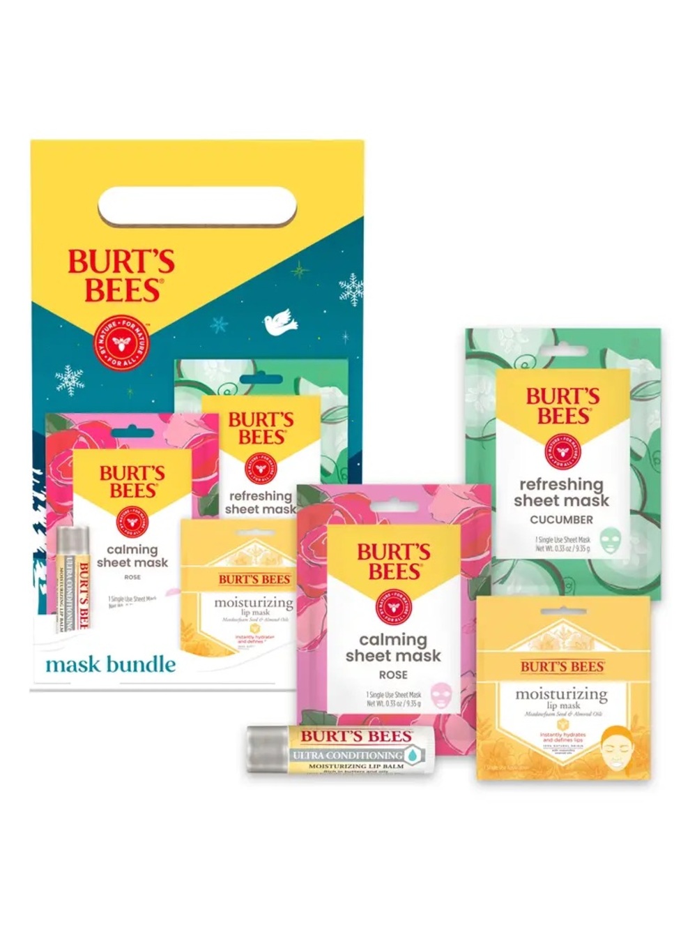 NWT Burt's Bees Sheet Mask, Lip Mask, and Lip Balm Gift Bundle